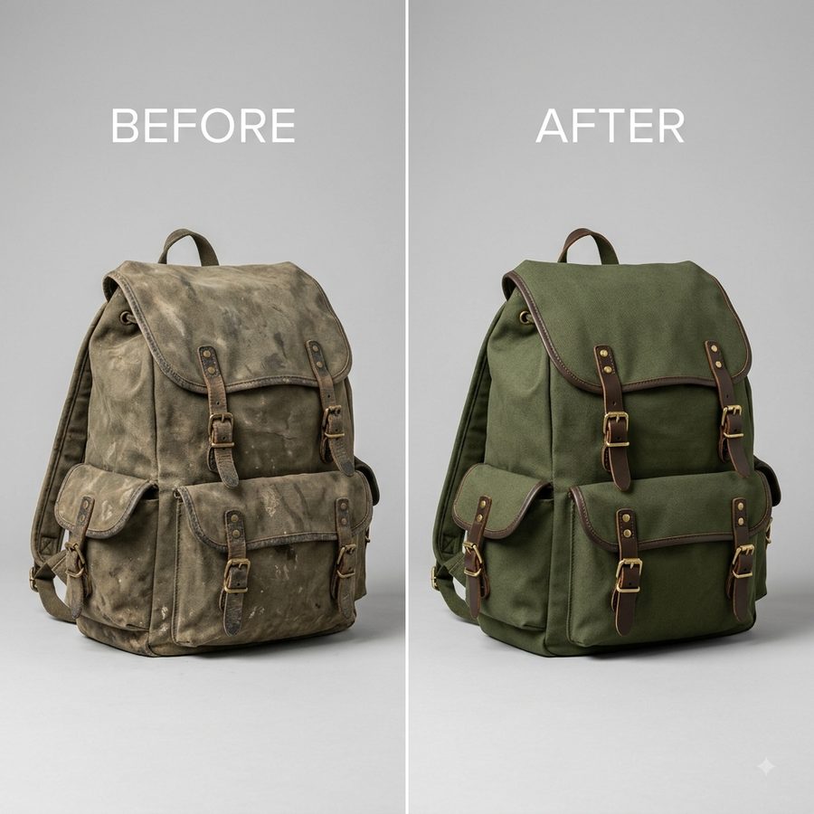 Ilustrasi before-after cuci ransel kanvas