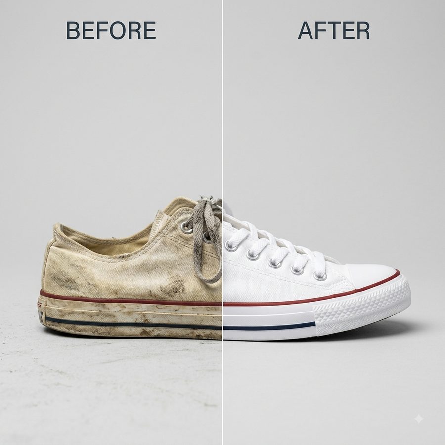Ilustrasi before-after cuci sneakers putih